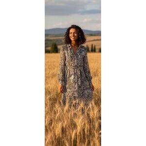 Women's Animal Print Belted Dress M Long Sleeve Maxi Tiered Sheer * FLAW